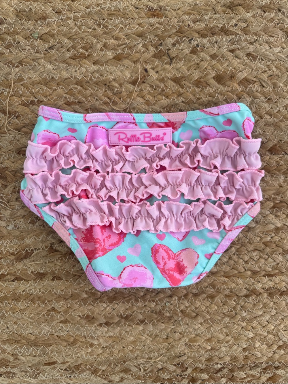 Ruffle Butts Girls Aqua Pink Ruffle Heart Diaper Cover 3T